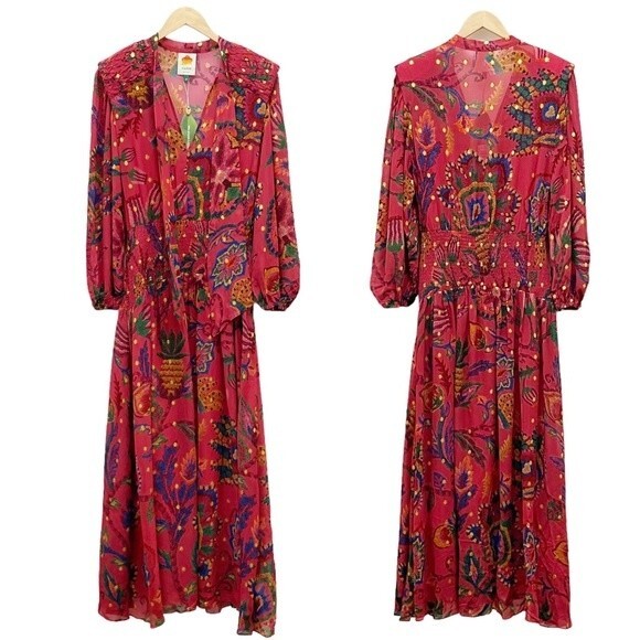 NWT Farm Rio Sunset Tapestry Floral Long Sleeve Boho Maxi Dress Warm Red Size XS - Picture 2 of 16